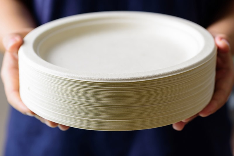 man holding a stack of paper plates