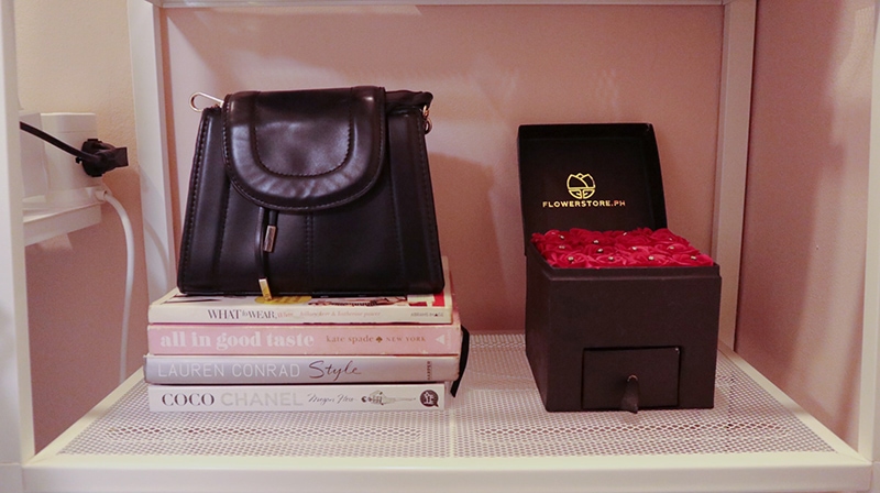 purse on bookshelf