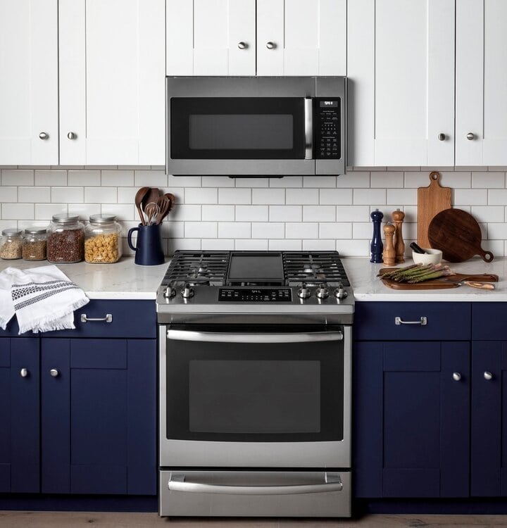 Microwave oven above stove
