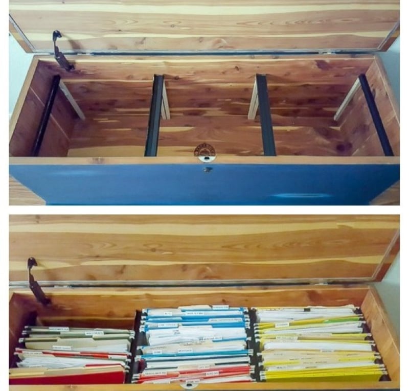 diy home filing system in a blanket chest or trunk
