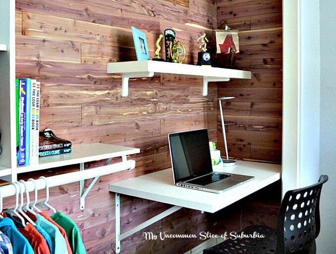 Boys closet redone with desk and cedar planking