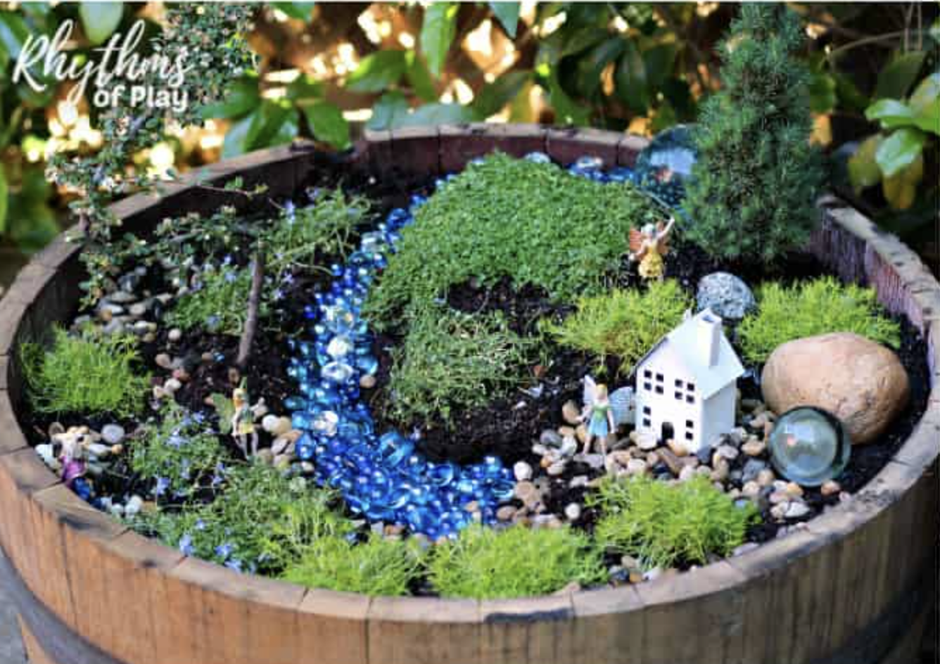 Half-Wine Barrel Fairy Garden by rhythms of play