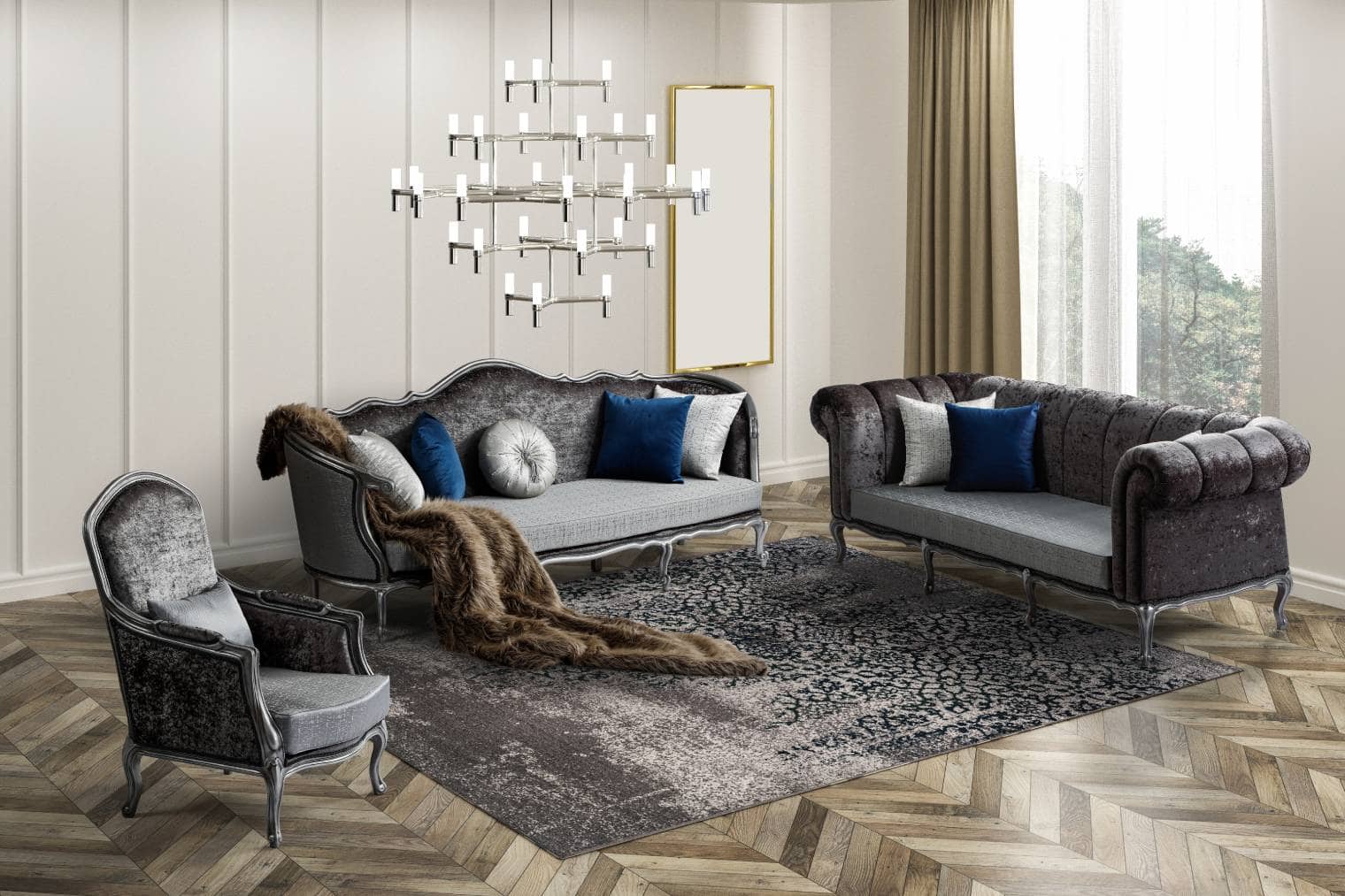 3D rendering of neoclassical living room interior. furniture set