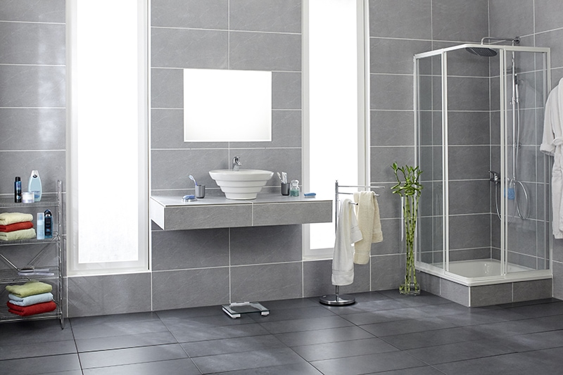 Bathroom with gray tiles