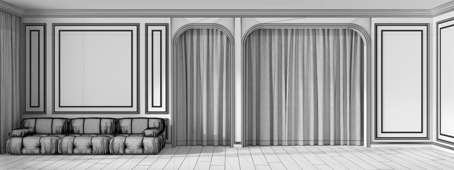 Blueprint unfinished project draft, panoramic view of classic living room with molded wall
