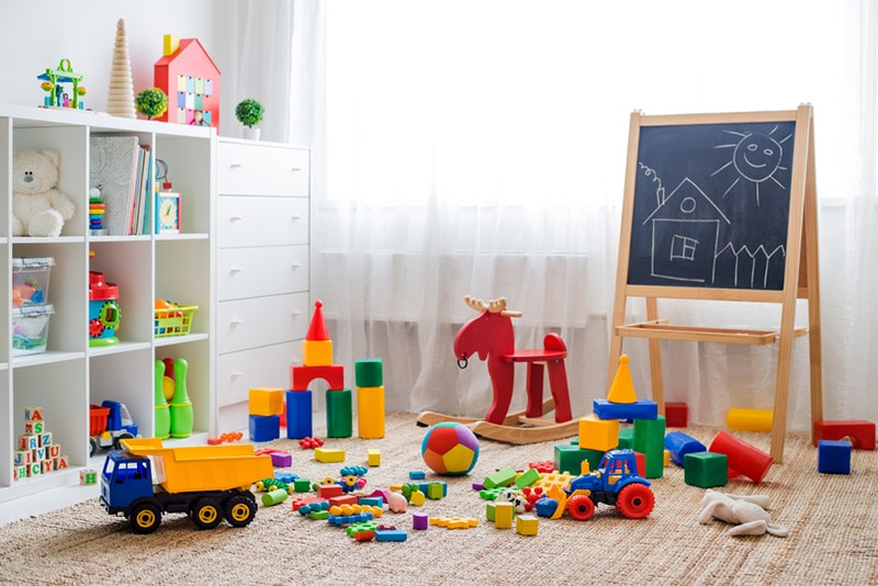 Children's playroom with plastic colorful educational blocks toys