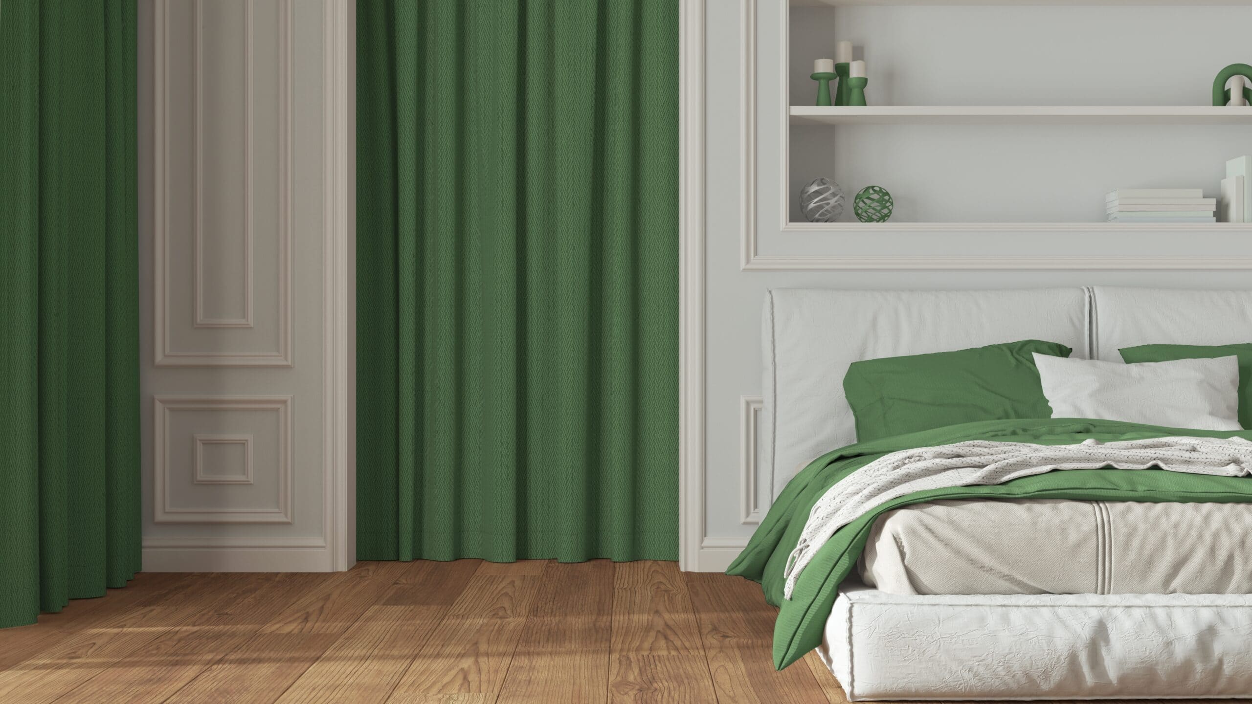 Classic Bedroom in white and green tones close up 