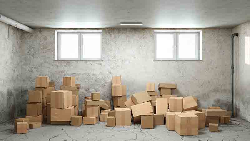 Clutter and chaos in the basement or storage room with lots of messed up boxes