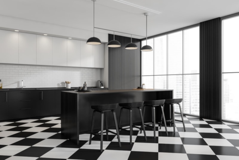 Corner view of industrial white and black kitchen