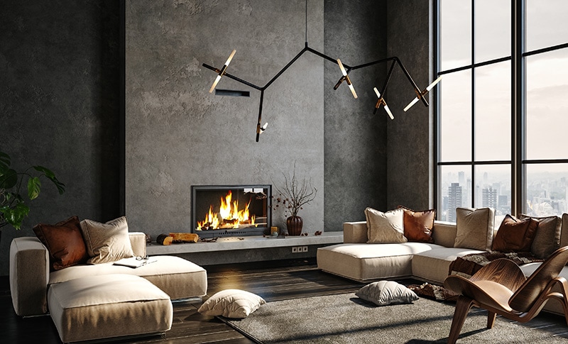 Dark living room loft with fireplace
