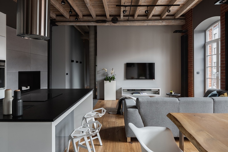 Industrial apartment with kitchen island and open living room