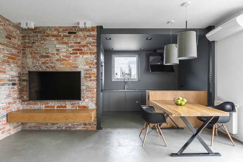 Industrial style home interior with kitchenette