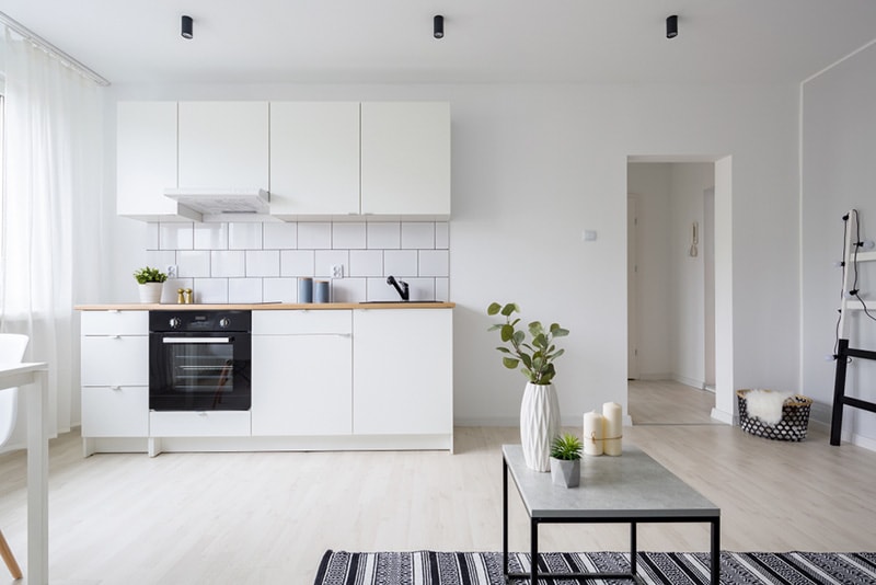 Modern and stylish studio apartment in white with functional kitchenette
