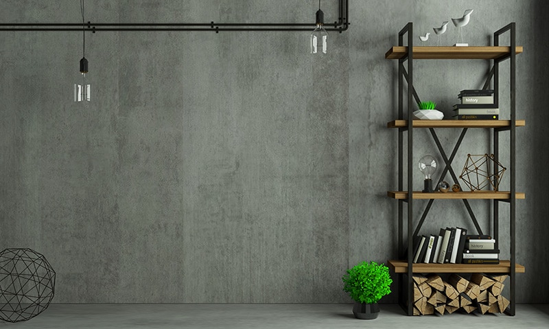Modern interior in loft style background old wall. Furniture and shelves