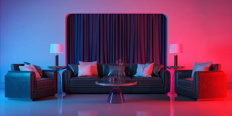 Modern living room with violet light and red light illumination