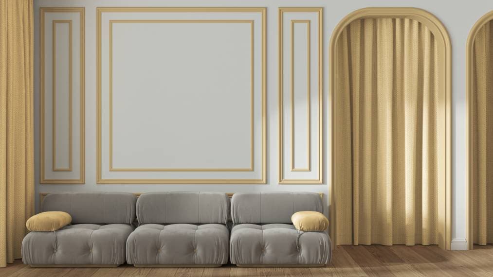 Neoclassic living room, molded walls with copy space, template