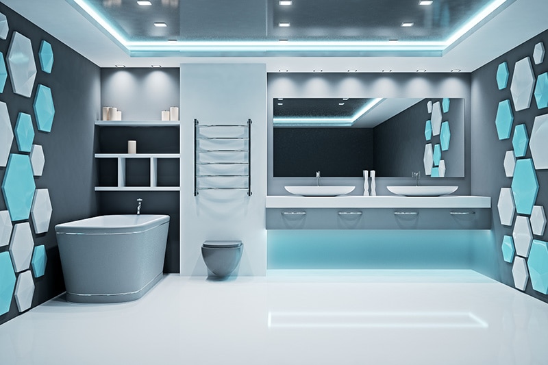 New illuminated futuristic bathroom interior