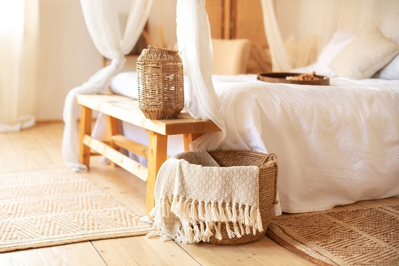 Scandinavian bedroom interior decoration with comfortable bed and pillows