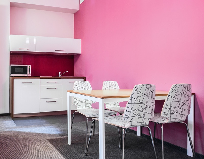 Small studio house interior with rose wall