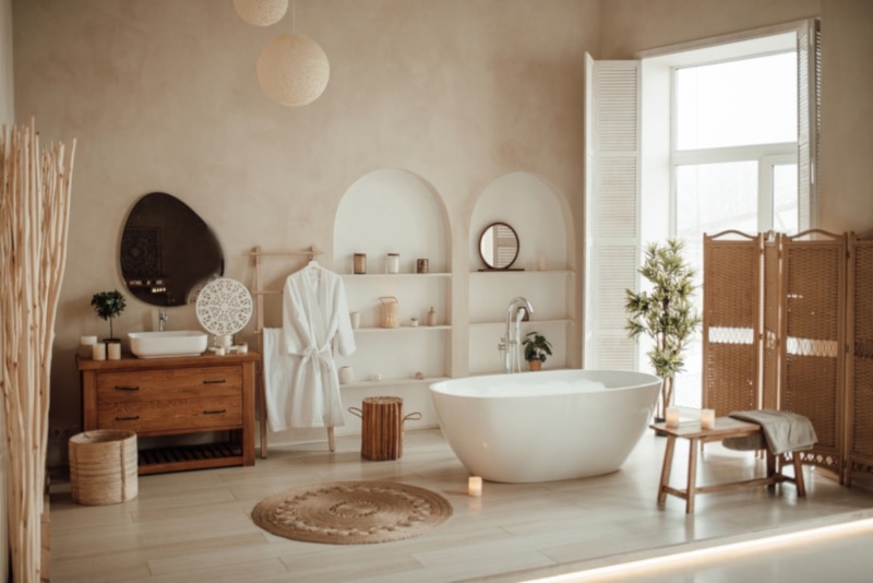Soft native hues organic shapes look of bathroom