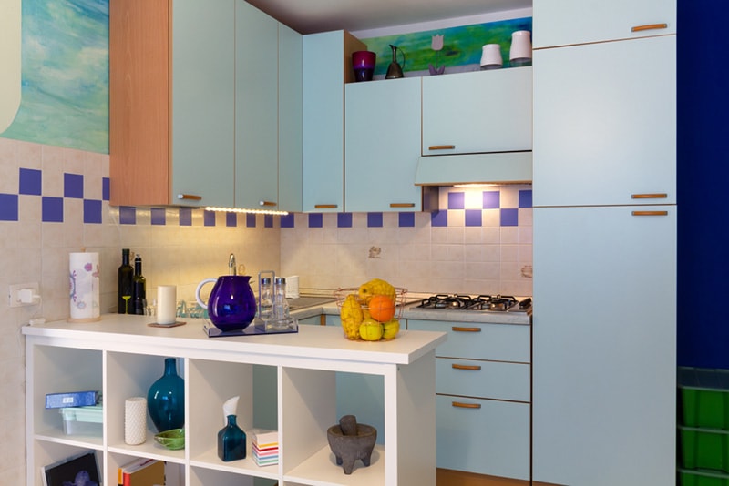 Stylish decorated modern kitchenette in a small apartment