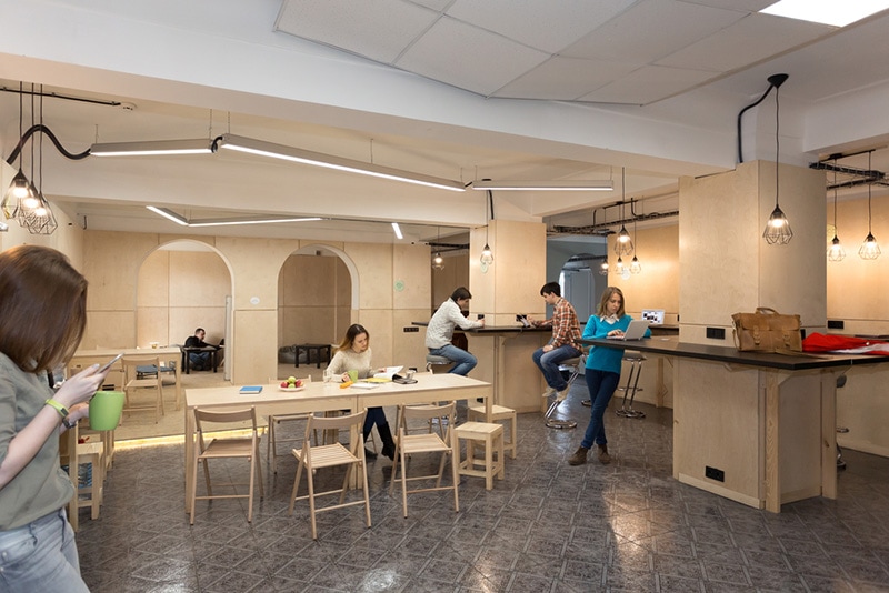 Wooden Table and Walls in College Campus Kitchenette Area