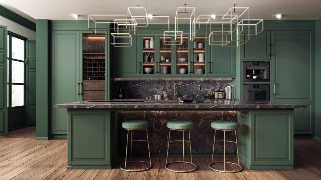 classic modern and glamour styles. Dark green decorative fronts of cabinets harmonize