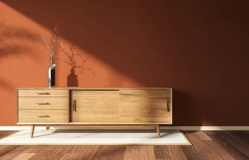 3d render of a warm red brick wall living room with wooden media cabinet