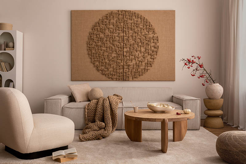 Creative composition of living room interior with mock up poster frame
