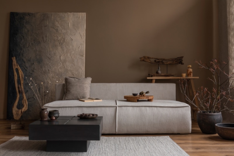 Creative composition of wabi sabi living room interior