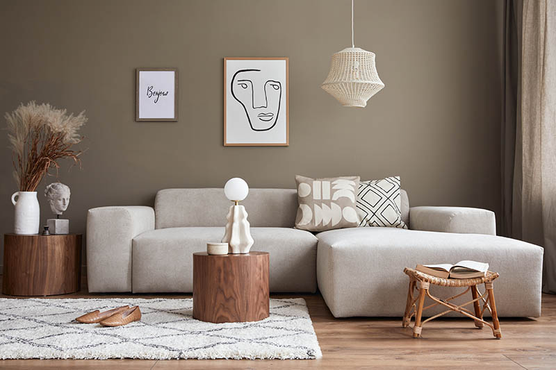 Interior design of cozy living room with stylish sofa