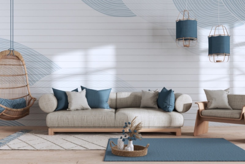 Japandi living room in white and blue