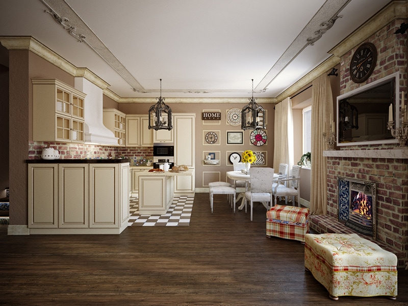 Living room, kitchen and hall in style of Provence, decorated