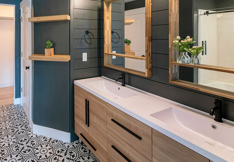 Square Contemporary craftsman master bathroom design with dark gray interior