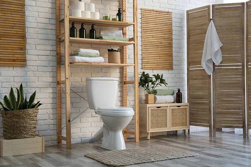 Stylish bathroom interior with toilet bowl and other essentials