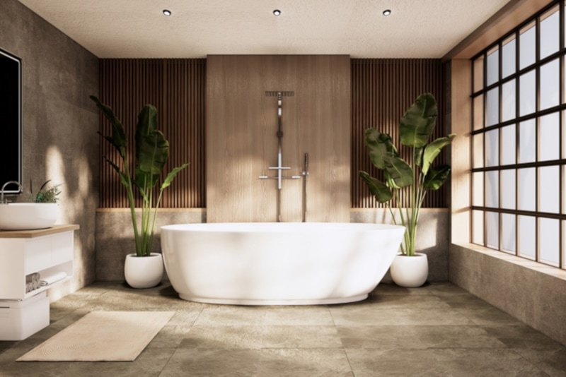 The Bath and toilet on bathroom japanese wabi sabi style