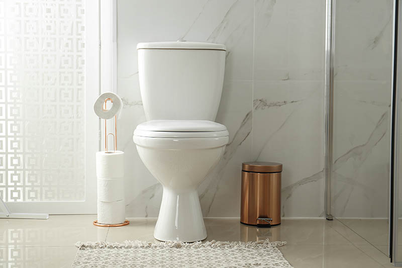 Toilet bowl near shower stall in modern bathroom interior