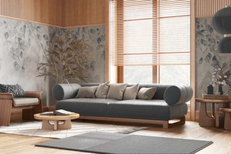 Wooden living room with fabric sofa