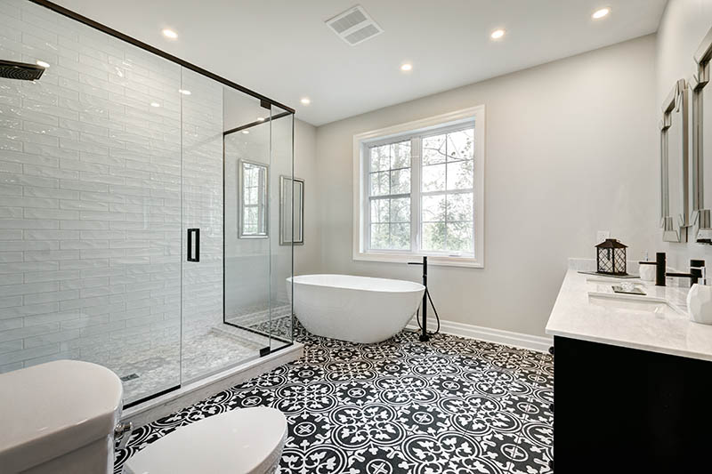 Master bath in luxury home with step up tub