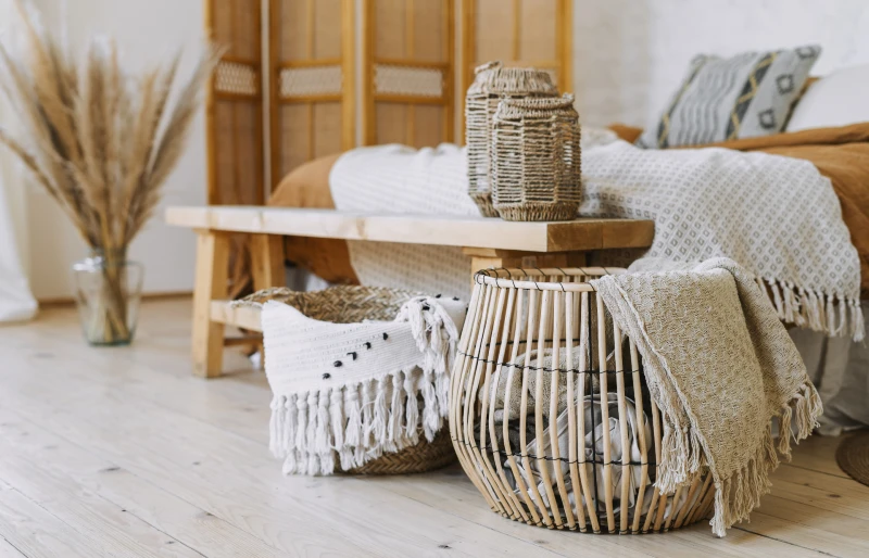 bedroom interior in bohemian style using natural materials