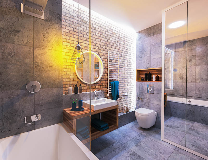 modern interior of a bathroom in loft