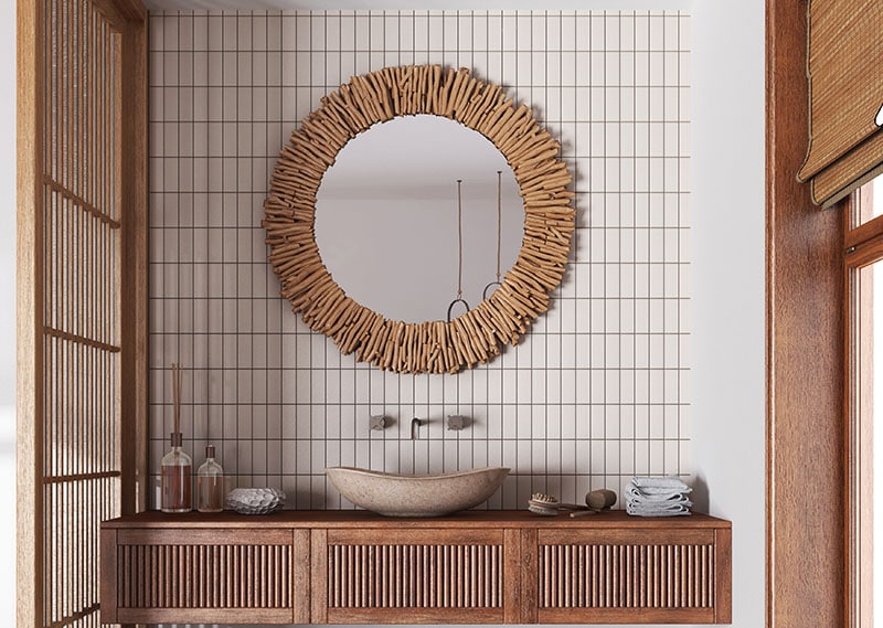 Farmhouse bathroom close-up in white and beige tones