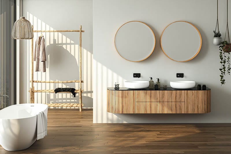 Modern bathroom interior with dark brown parquet floor