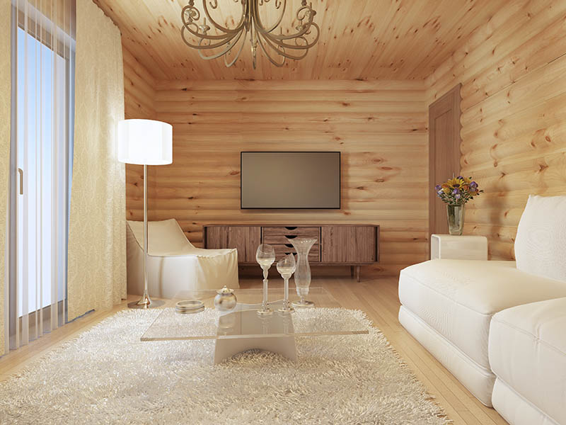 living room interior in a log house with the console and TV